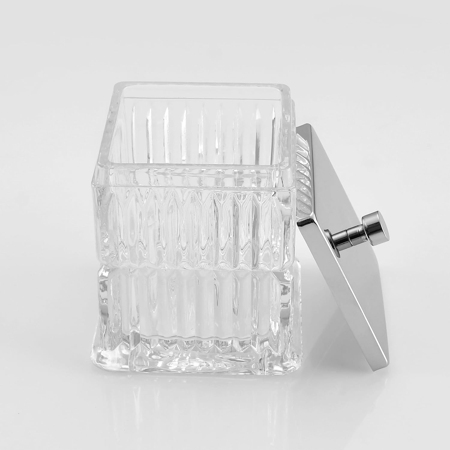 Vince Camuto Home Glass Cotton Jar Holder – Silver Lid, Elegant Bathroom Storage Canister for Qtips, Cotton Balls, Floss, Makeup Organizer, Vanity & Bathroom Organization