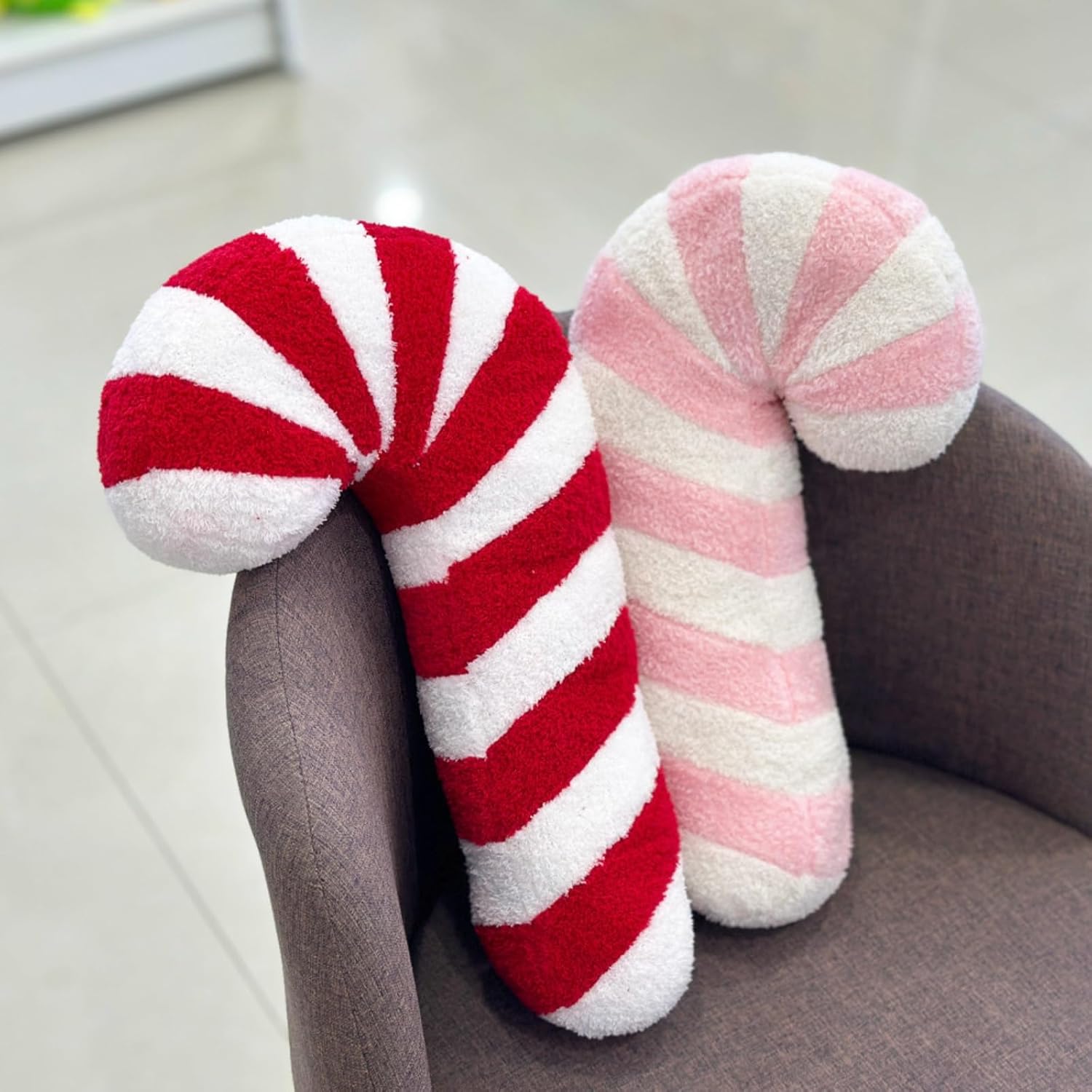 Christmas Candy Cane Throw Pillow Red Pink Soft Fluffy Christmas Pillows Stuffed Lollipop Plush Pillows Gifts for Home Decor Bedroom Sofa Cushion (Pink)