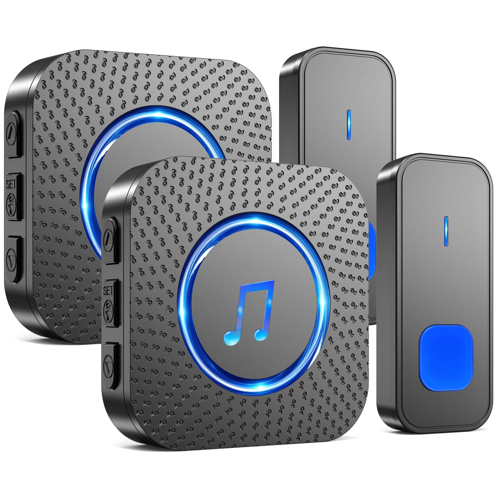 SURFOU Campanello Senza Fili da Esterno Interno, Campanello Casa Wireless Pulsante a Lunga Distanza di 400m, 55 Suonerie, 5 Volumi Selezionabili (2 nero ricevitore + 2 nero trasmettitore)