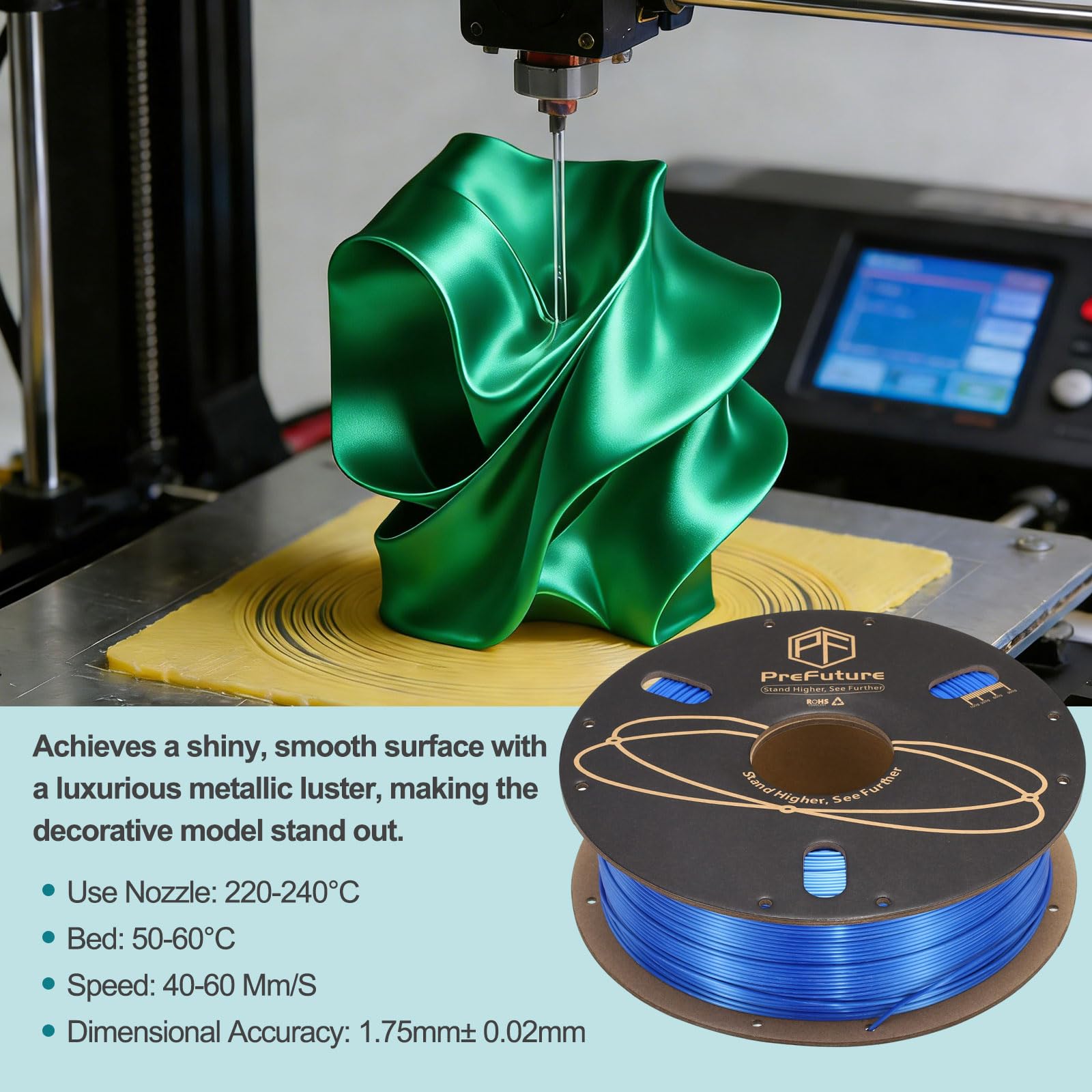 QUARKZMAN Filamento PLA Seta 1.75mm 1KG/2.2LB Alta Lucentezza Filamento per Stampante 3D, Resistenza Migliorata, Precisione Dimensionale 0.02mm per Stampante 3D, Blu.