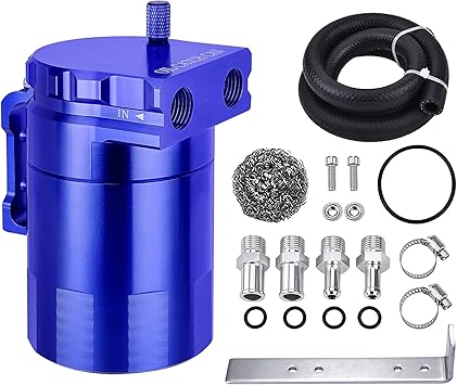 EVIL ENERGY Oil Catch Can, Universal Baffled Catch Can Kit with NBR Fuel Hose, 300ml Aluminum Air Oil Separator Tank for PCV System Blue