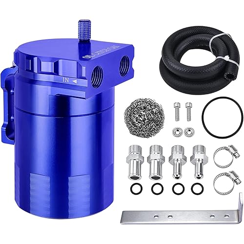 EVIL ENERGY Oil Catch Can, Universal Baffled Catch Can Kit with NBR Fuel Hose, 300ml Aluminum Air Oil Separator Tank for PCV System Blue