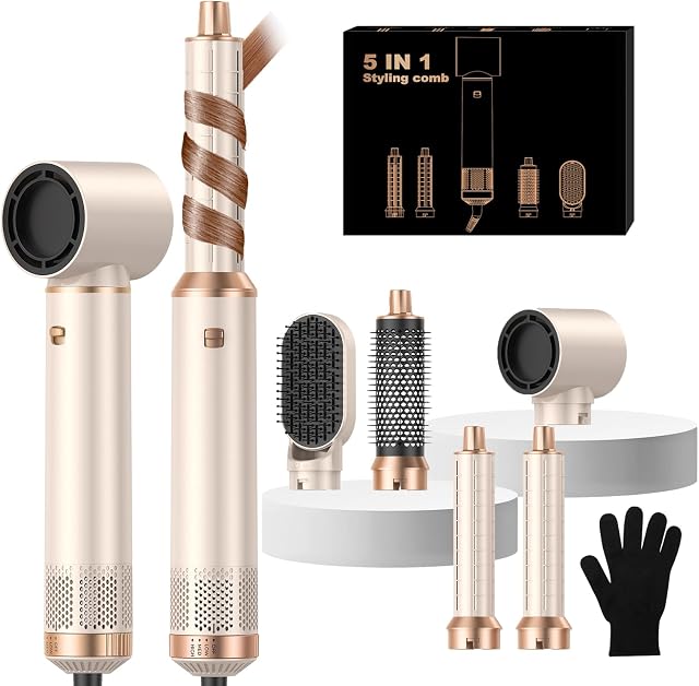 5 en 1 Set de brosse à cheveux pour sèche-cheveux, pince à cheveux avec Air Style Wrap Styler, Négatif Ionic Magic Style Set, Détachable Air Curler pour Volumizer, Straightener, L'essuyage