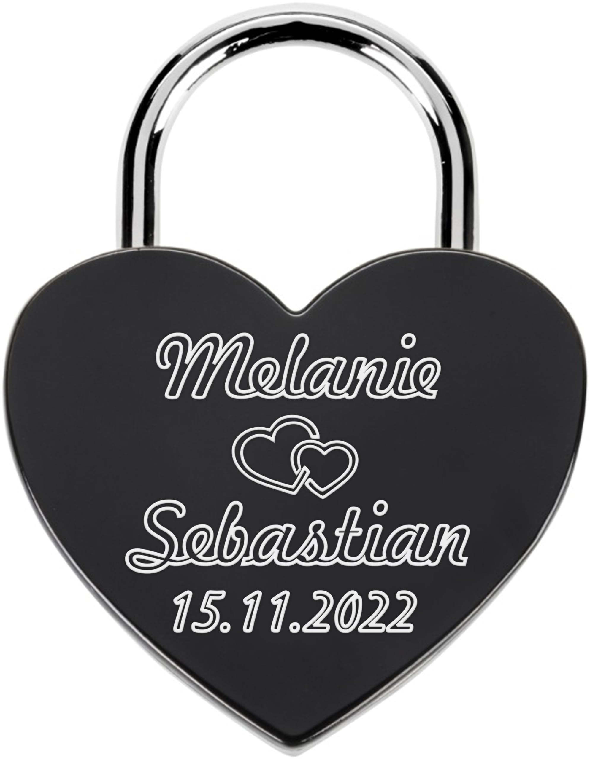 Liebesschloss mit Gravur und Schlüssel - Herzschloss Vorhängeschloss personalisiert mit Wunschtext - Pärchen Geschenke für Frauen - Jahrestag Geschenk für Sie - Partner Geschenke für Ihn (Schwarz)