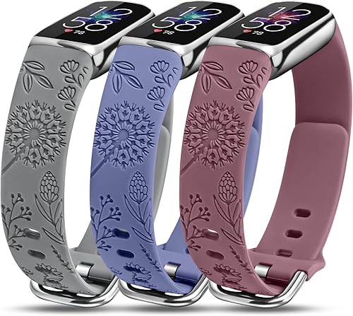 Miniatura 8 de Minyee Paquete de 3 correas compatibles con Fitbit Luxe para mujer, de silicona suave, con grabado floral, correa deportiva de diente de león,