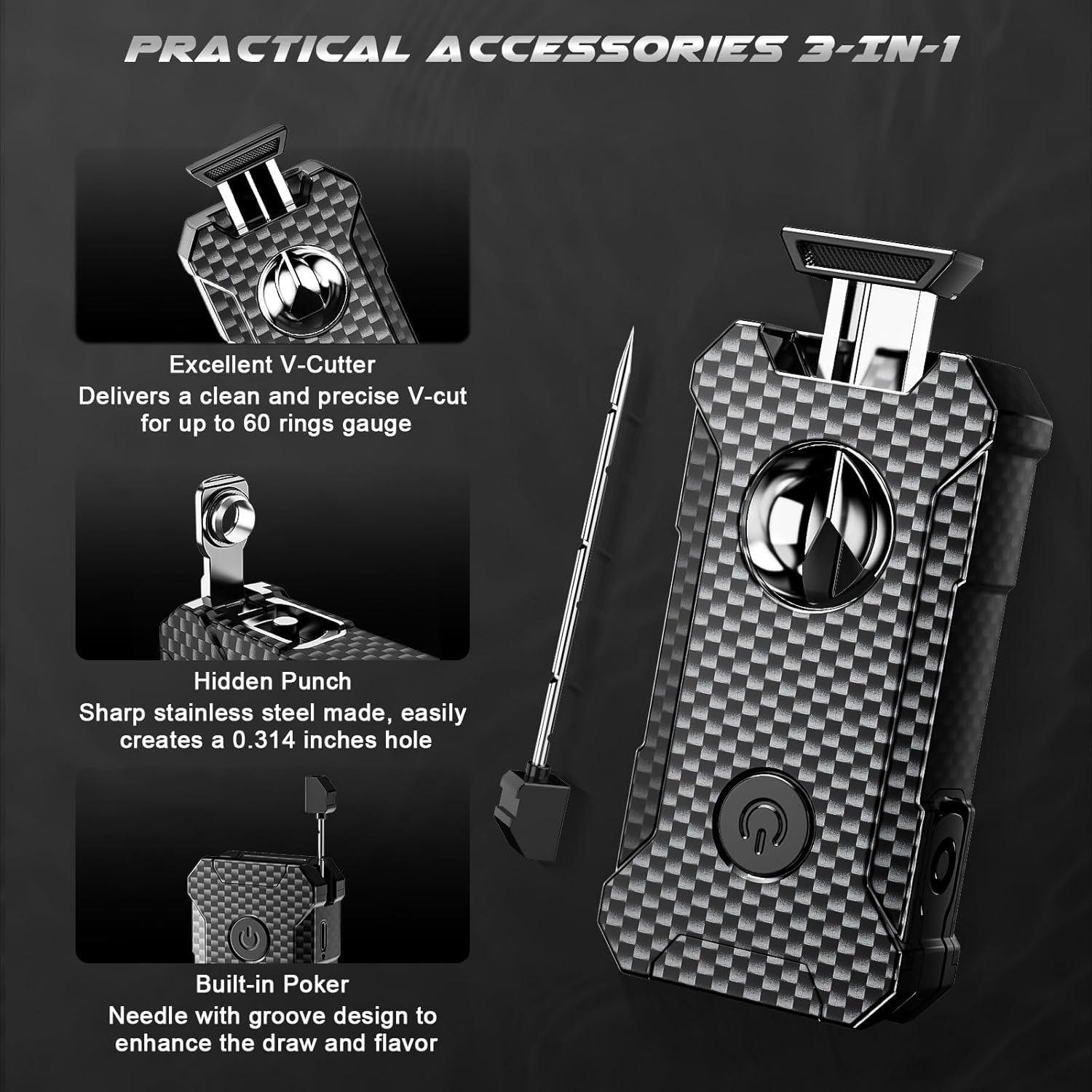 5-in-1 Torch Lighter with Cutter, Punch, Holder, and Draw Enhancer Tool, Adjustable Dual Jet Flames, Trendy Gift for Men, Refillable Butane Lighter, Rechargeable Lighters for Candle, Travel Outdoors