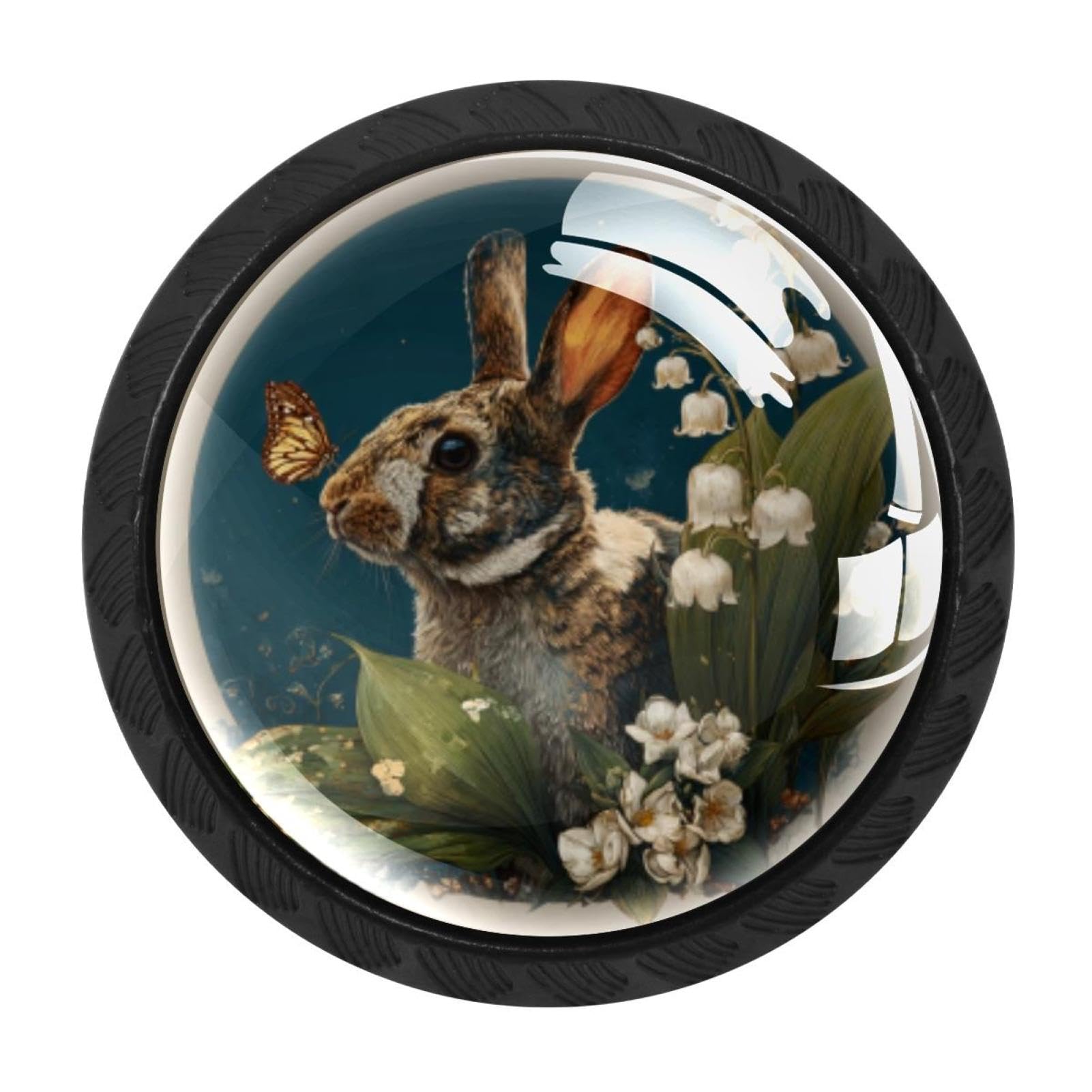 CHENZZZZ 4 Pieces Bunny with Lilies of the Valley Butterfl (1) Drawer Knobs, 35mm Black Cabinet Knobs, Drawer Pulls and Knobs, Dresser Drawer Knobs, Cabinet Hardware Kitchen Cabinet Knobs