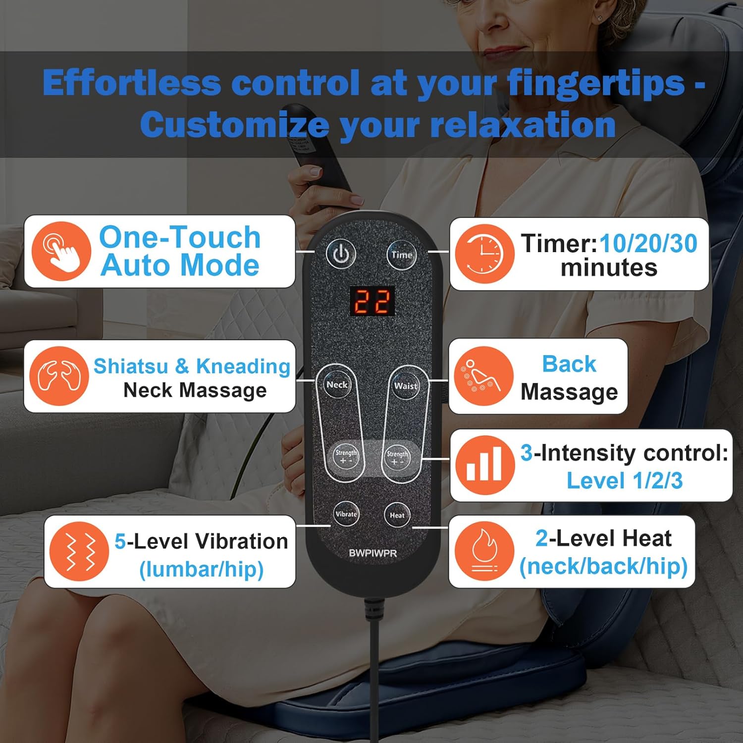 Shiatsu Massage Cushion for Neck and Back with Heat - 4D Kneading, Vibration for Relief Muscle Tension, Dual-Neck Design, Adjustable Intensity and Height for Office Chair, Home Use, Navy Blue