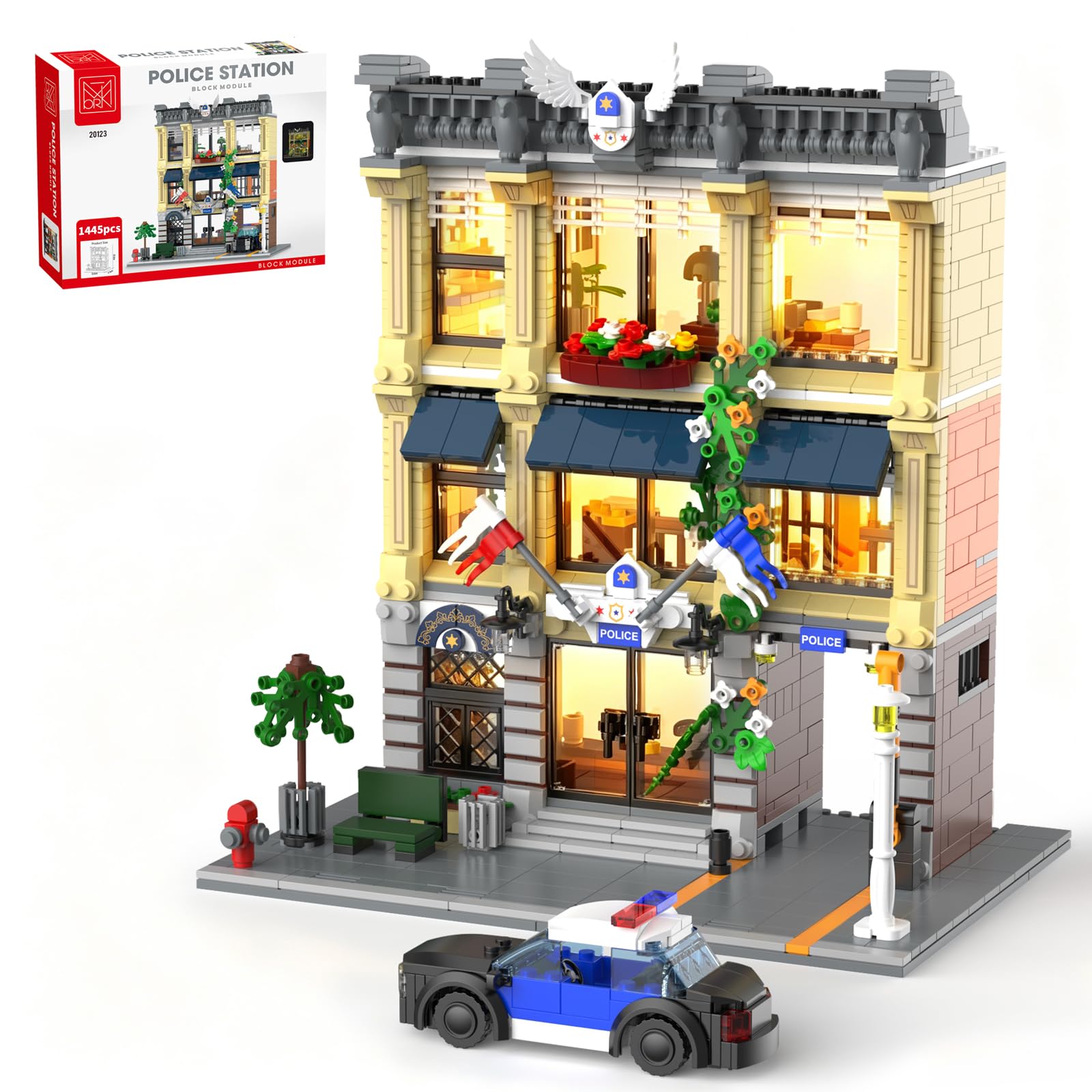 MORKBRIXX Police Station Building Set with Lights, Modular City Model Kit