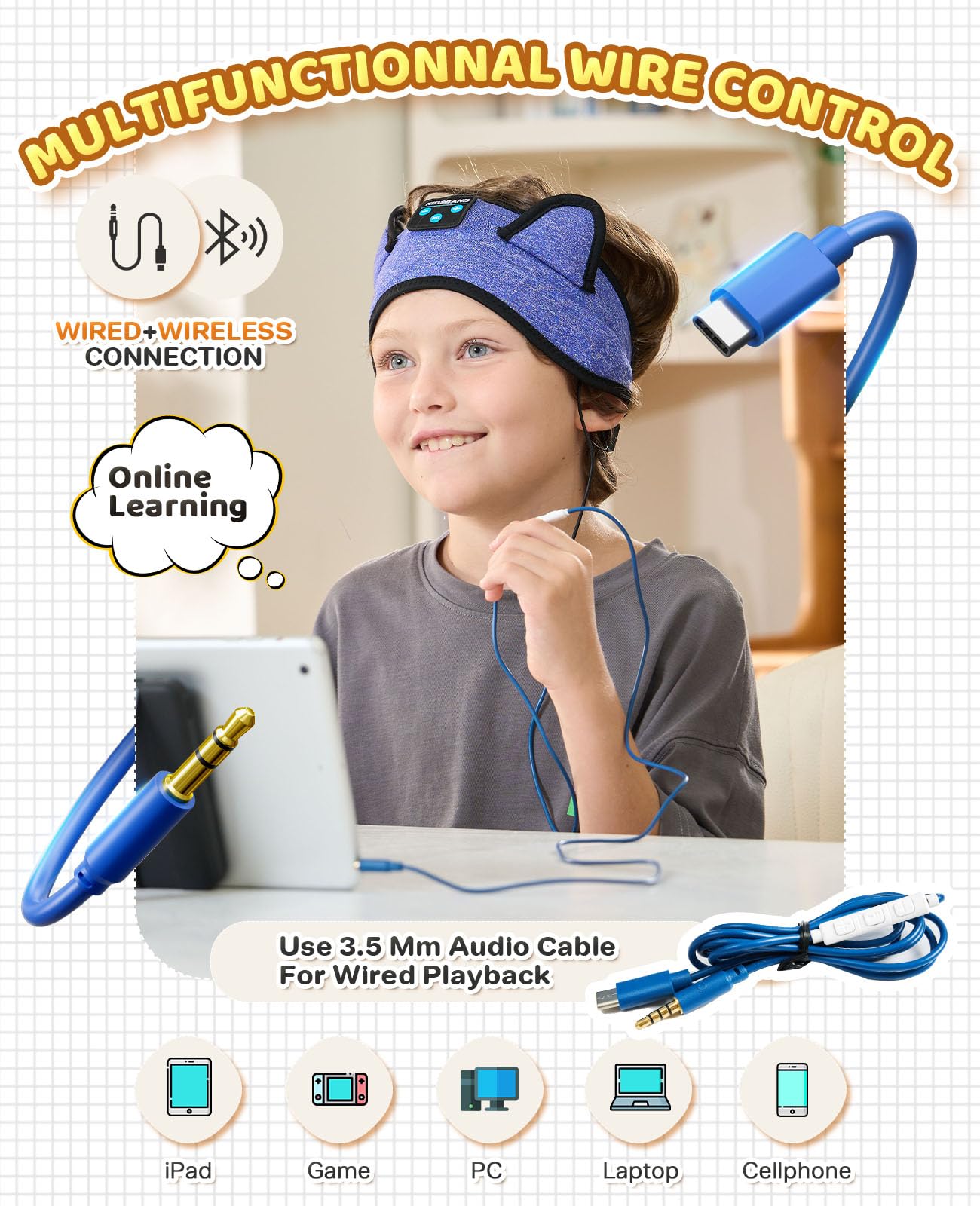 KIDSBAND Auriculares para niños, auriculares Bluetooth para niños con diadema ajustable, conector de 3,5 mm para la escuela, auriculares plegables para niñas y niños, tablet Kindle, teléfonos