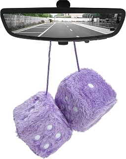 Fuzzy Plush Dice for Car Mirror, 3 Inch Pair of Retro Square Mirror Ornament Soft Dice with Dots, Vintage Couple Pendant Charms Vehicle Interior Hanging Decoration for Most Car (Purple)
