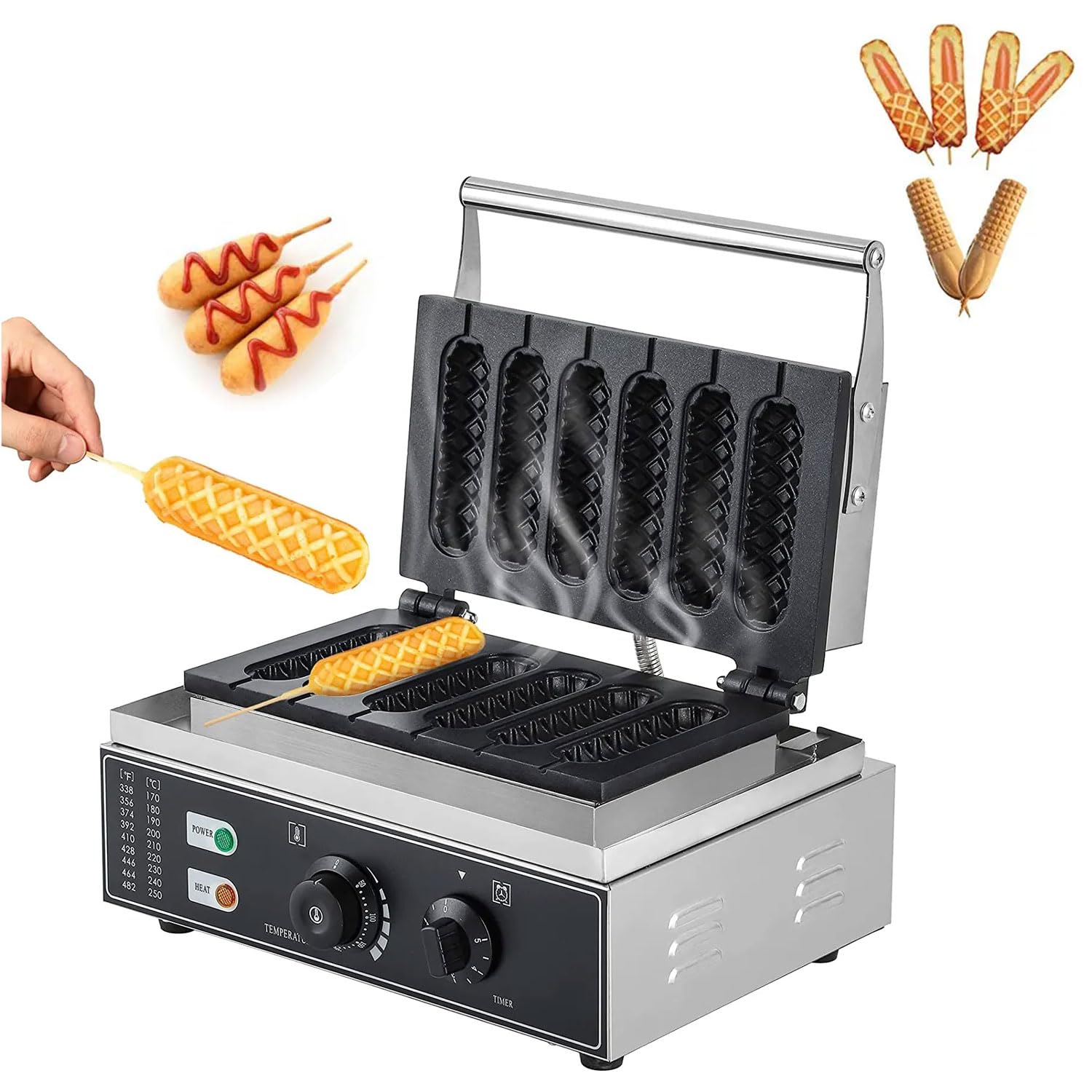 1550-W-Corn-Dog-Waffeleisen, Kommerzielle Elektrische Hot-Dog-Wurstmaschine, 6 Stück Antihaft-Käsestäbchen-Presseisen, 50–300 ℃, 5-Minuten-Timer, Französische Muffineisen, 110 V/220 V