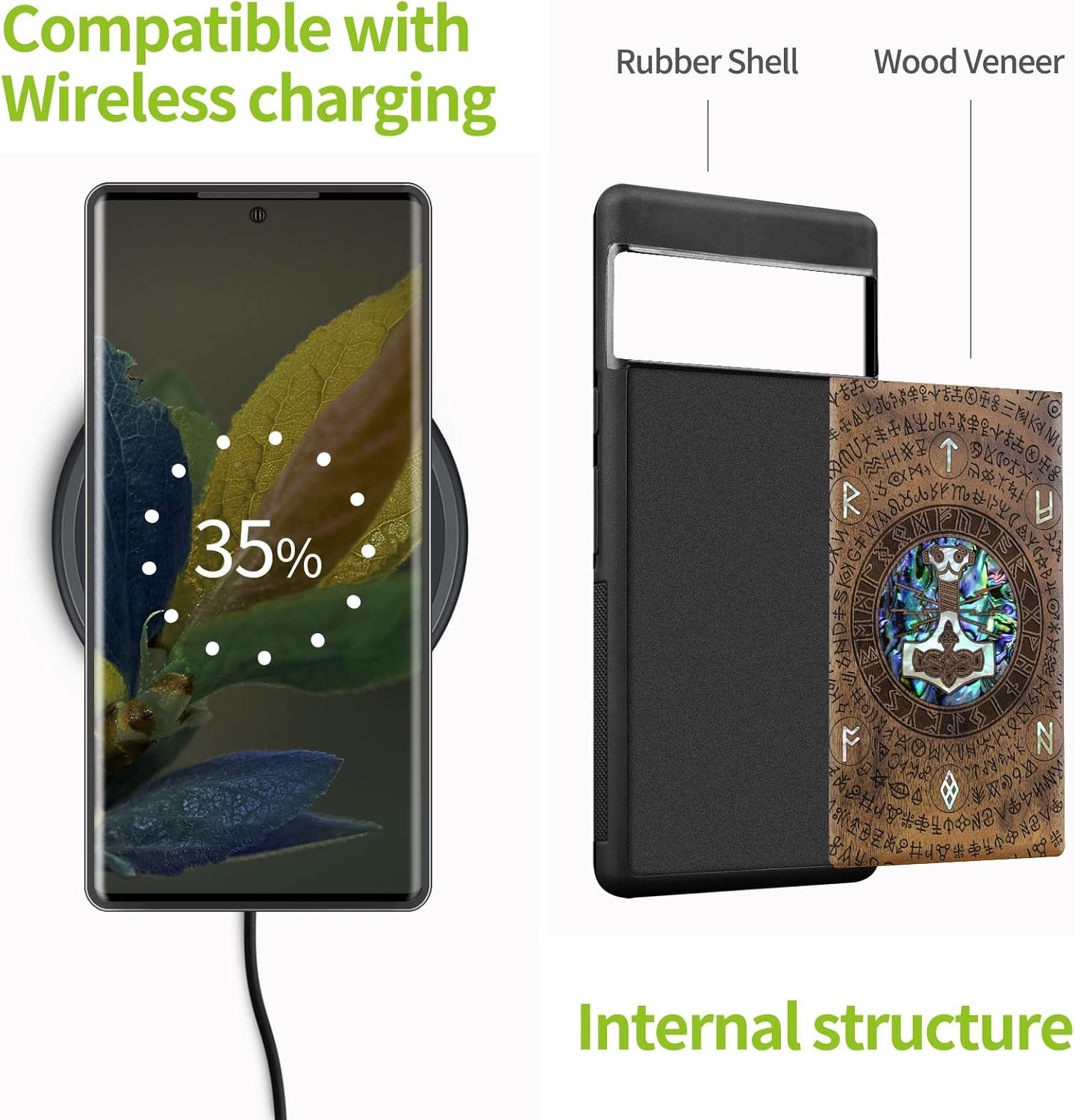 Carveit Designer Wooden Case for Google Pixel 7 Pro Case [Wood Engraving & Shell Inlay] Unique Wood Cover Compatible with Wireless Chargers Pixel 7 Pro (Thors Hammer-Walnut)