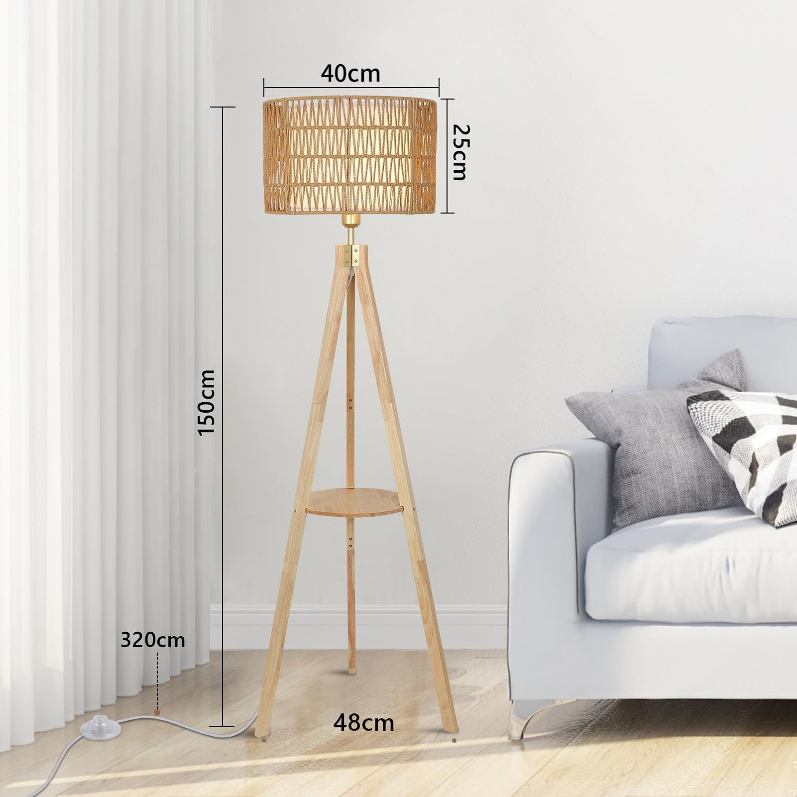 Rayofly Stehlampe Wohnzimmer, Holz Stehlampe mit Regal, Vintage Stehlampen mit Rattan & Leinen Lampenschirm, Retro Stehleuchte mit Stativ, Rattan Floor Lamp, Boho Stehleuchte für Schlafzimmer, Büro