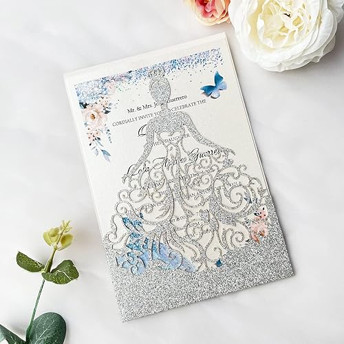 Miniatura 2 de 5.12 x 7.28 pulgadas, 50 piezas de invitaciones personalizadas de quinceañera con purpurina plateada, cortadas con láser, bolsillo hueco de princesa