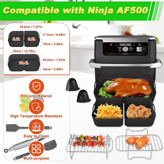 Silicone Air Fryer Accessories, Foodi Flexdrawer 10.4L AF500EU Dual Zone Air Fryer Liners, Reusable Non-Stick Basket Inserts Replacement Drawers with Airfryer Baskets Grilling Rack Gloves Tong