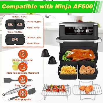 Silicone Air Fryer Accessories, Foodi Flexdrawer 10.4L AF500EU Dual Zone Air Fryer Liners, Reusable Non-Stick Basket Inserts Replacement Drawers with Airfryer Baskets Grilling Rack Gloves Tong