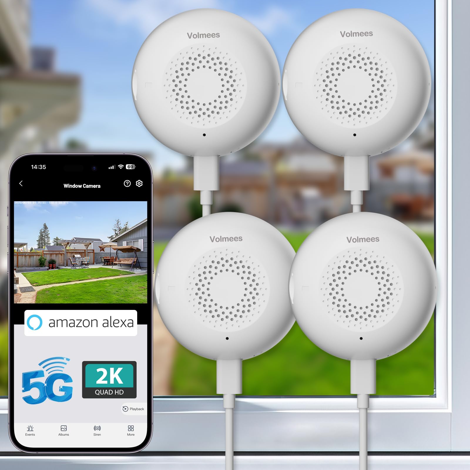 2K Window Camera, 5G &amp; 2.4GHz WiFi Indoor Dome Camera for Home Security w/Full Color Night Vision, Real-Time Alerts, Human/Motion Detection, Alexa, 24/7 Recording, Easy Install,White,Short-4P