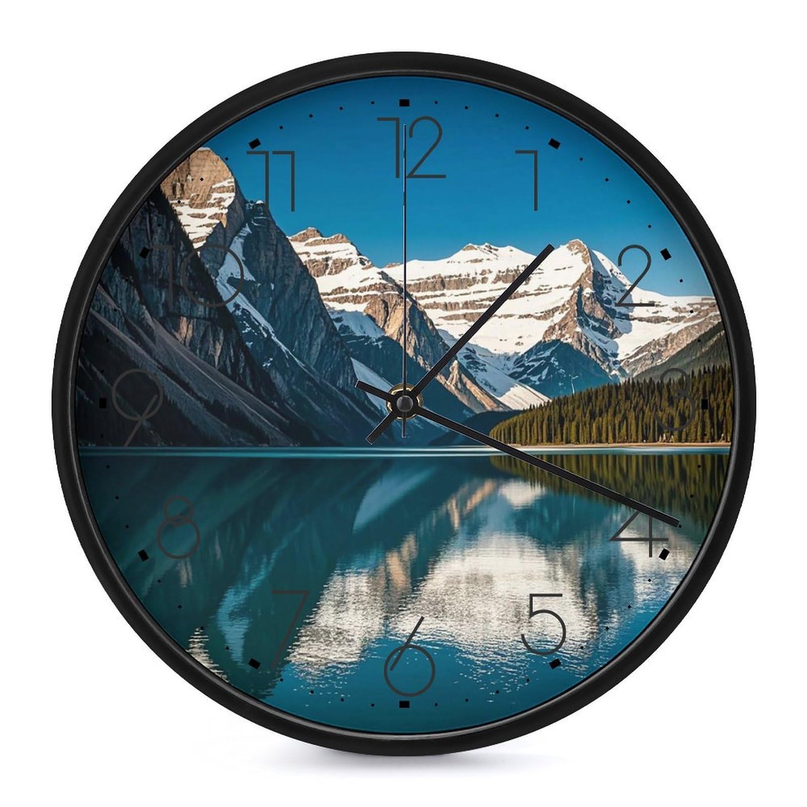 Horloge murale ronde noire silencieuse Lake Mountains pour décoration de salon et bureau