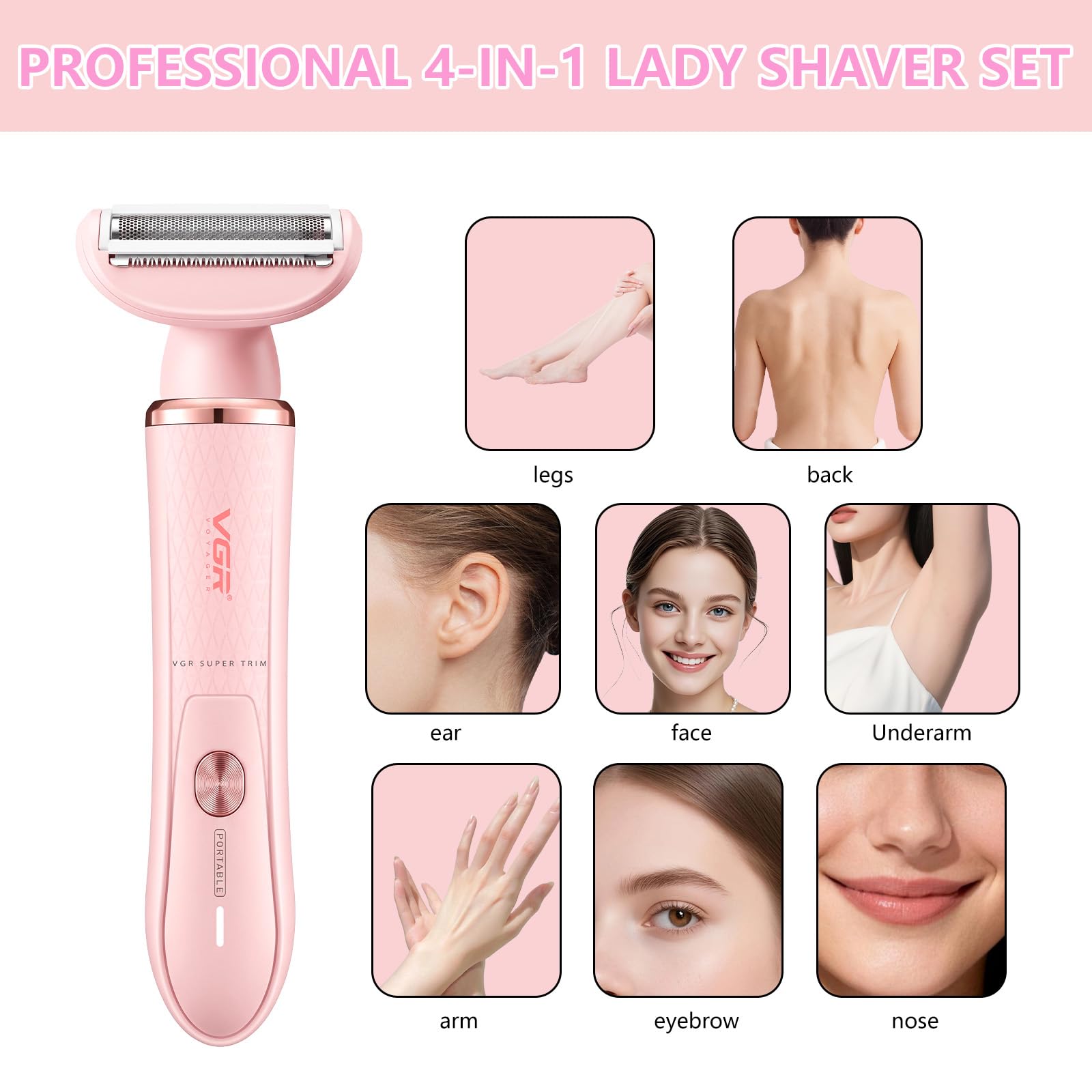VGR 761 Epilatore Donne, 4 in 1 Rasatore Intimo Senza Fili per Donne, Rasoio Elettrico Femminile e Epilatore Viso, Rasoio Elettrico per Gambe, Viso, Corpo e Ascelle, Rosa