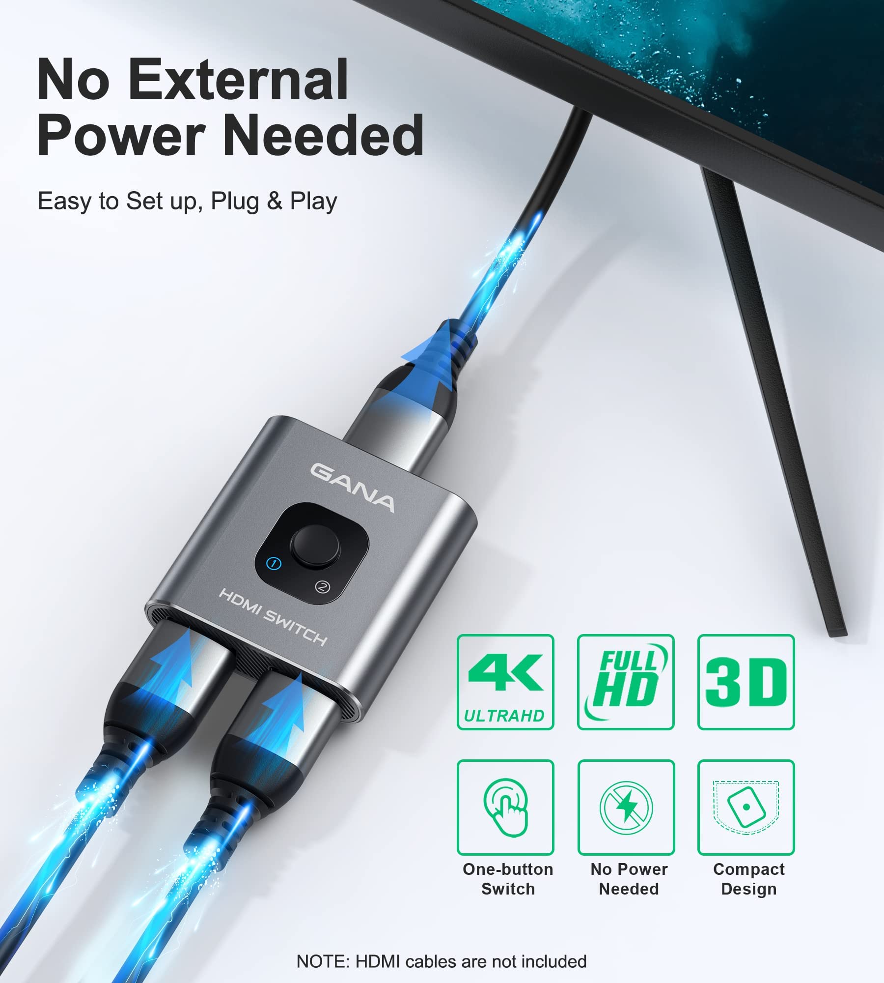 GANA Przełącznik HDMI 4K 60Hz - dwukierunkowy przełącznik aluminiowy 2 wejścia 1 wyjście/1 wejście 2 wyjścia - Plug & Play, kompatybilny z PS 5/4, serii X/S, PC (bez jednoczesnego wyświetlania)