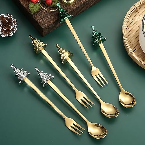 Miniatura 4 de Juego de 6 cucharas de Navidad y tenedores con árbol de Navidad creativo, cucharas de acero inoxidable para café, postre, té, sopa, cucharas para