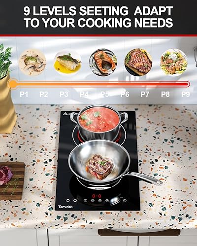 Miniatura 3 de Placa eléctrica de 2 quemadores, estufa de cerámica integrada de 12 pulgadas, estufa eléctrica de 120 V con bloqueo para niños, temporizador,
