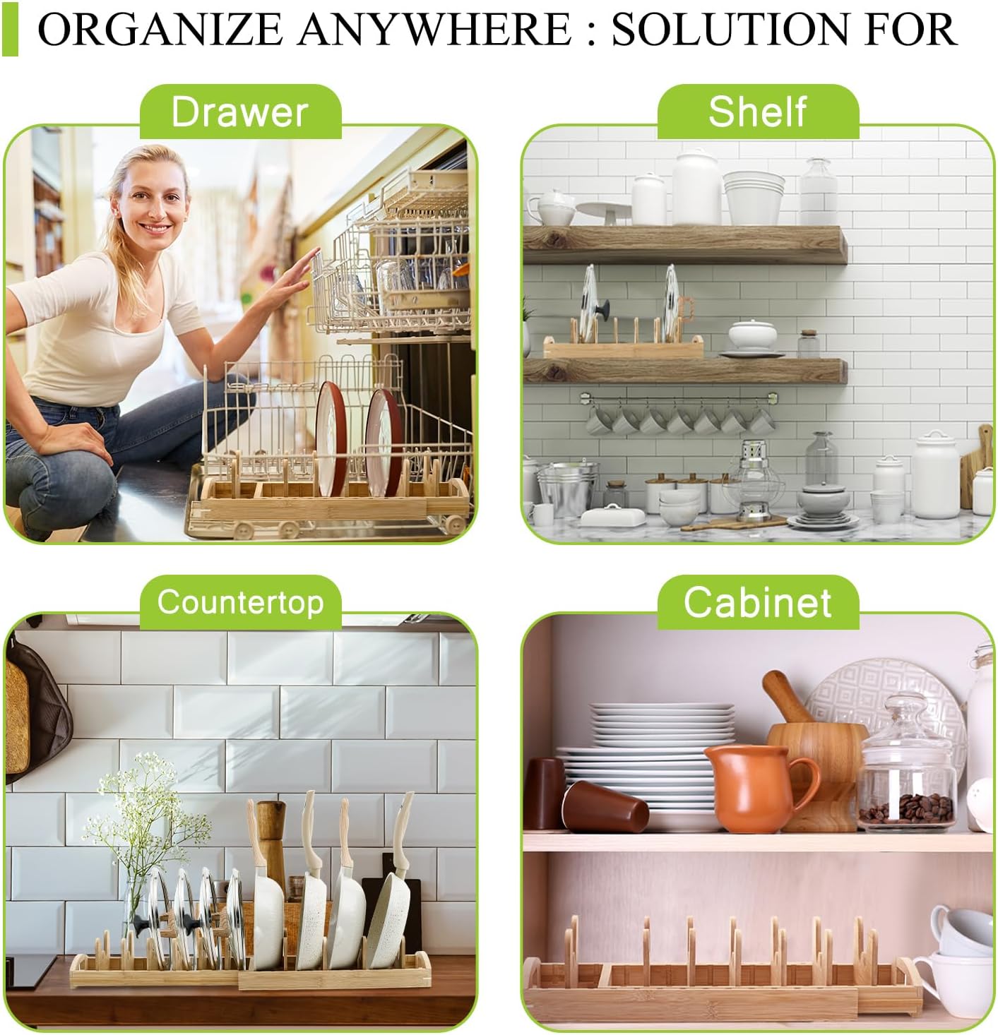 Pots and Pans Organizer Under Cabinet Bamboo Expandable Pot Lid Holder Adjustable Cookware Organizer for Bakeware Cutting Board Baking Sheet Pan Kitchen Storage (16.54-31.5 Inch,Wood Color)