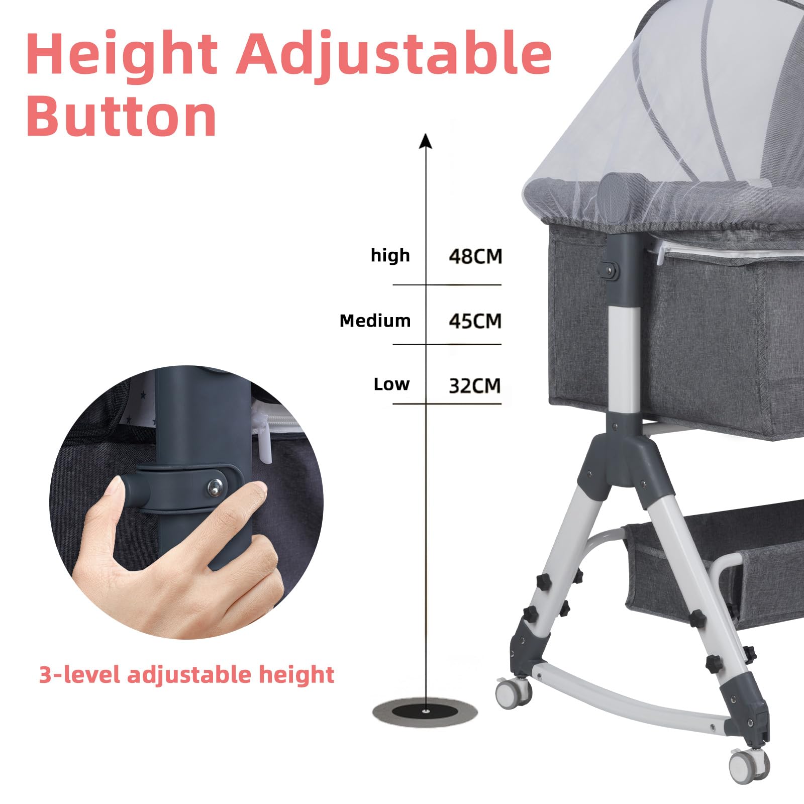 Lit Bébé Cododo Berceau avec Matelas, Mode Bascule pour Bercer, Côté Repliable, Hauteur Réglable, Fenêtres en Filet, 4 Roues, 0-24 Mois (Gris Clair)