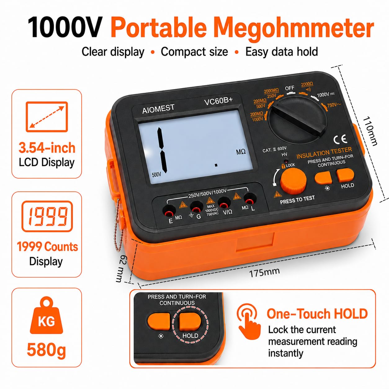 Digital-Megohmmeter 1000V Isolationsmessgerät, AIOMEST Isolationsmesser Isolationswiderstand bis 2 GΩ, mit 250V/500V/1000V Prüfspannung, AC/DC Spannungsmesser, Durchgangsprüfer, CAT III 600V