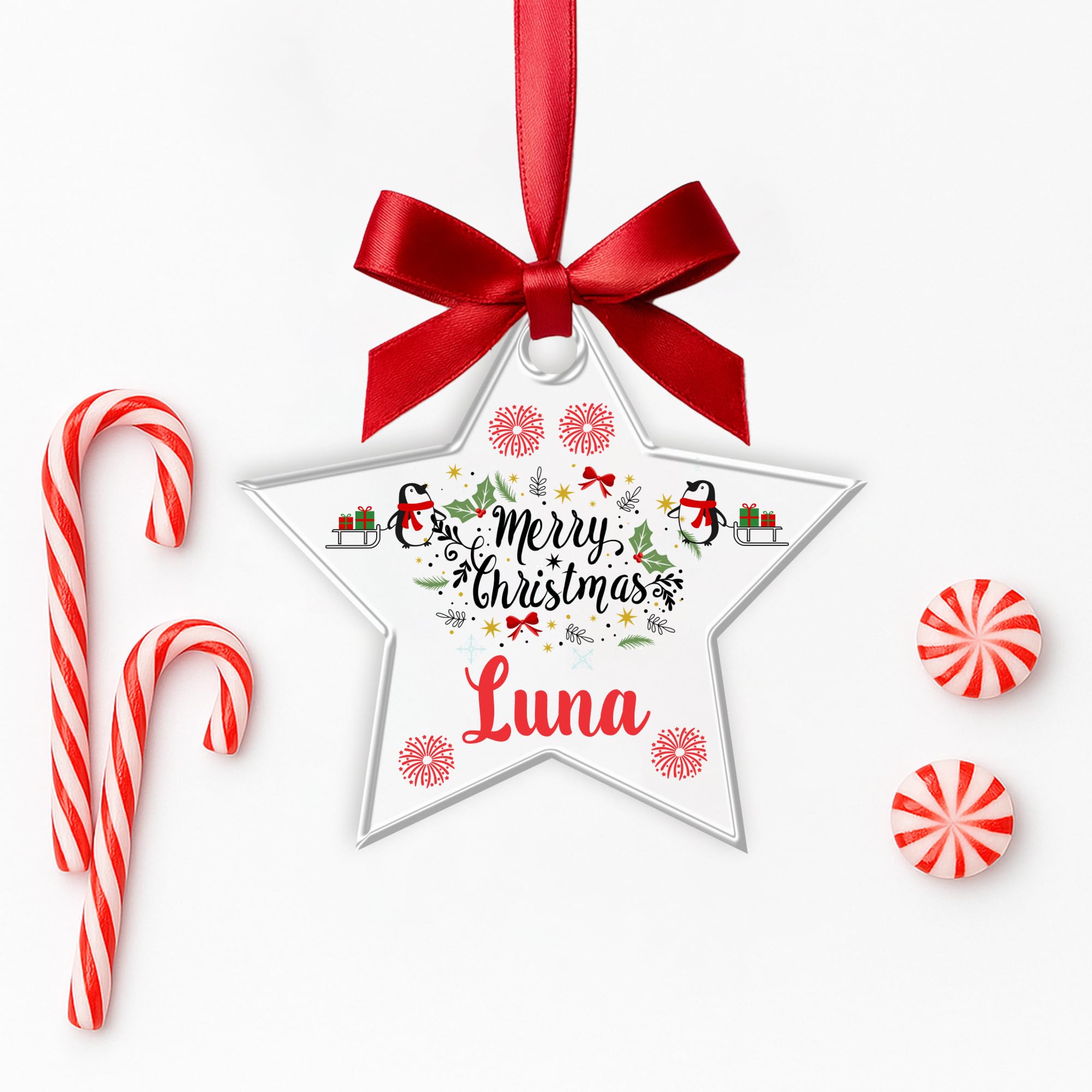 KreateSquare Personalised Christmas Bauble Xmas Tree Decoration with Customised Name and Red Ribbon Star Shaped Baubles | Celebrate Love & Togetherness – Custom Christmas Ornament Keepsake
