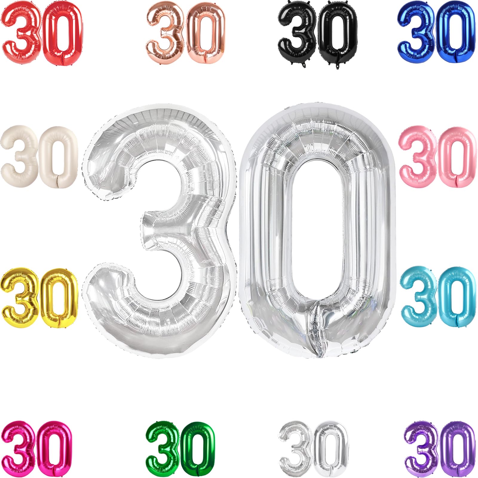30 Balloon Number, Silver Number 30th Birthday Balloons 40 Inch, 30 Years Old Silver Birthday Decorations for Men Women, 30th Anniversary Decorations