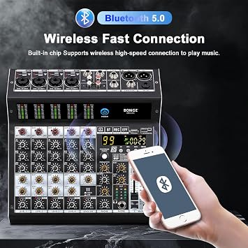 BOMGE Pro Mixer 6-Channel Mixer Console, 99 DSP Effects, +48V Phantom, Bluetooth, USB Interface. 2 AUX. FX Processor for Studio Recording and Live Performance