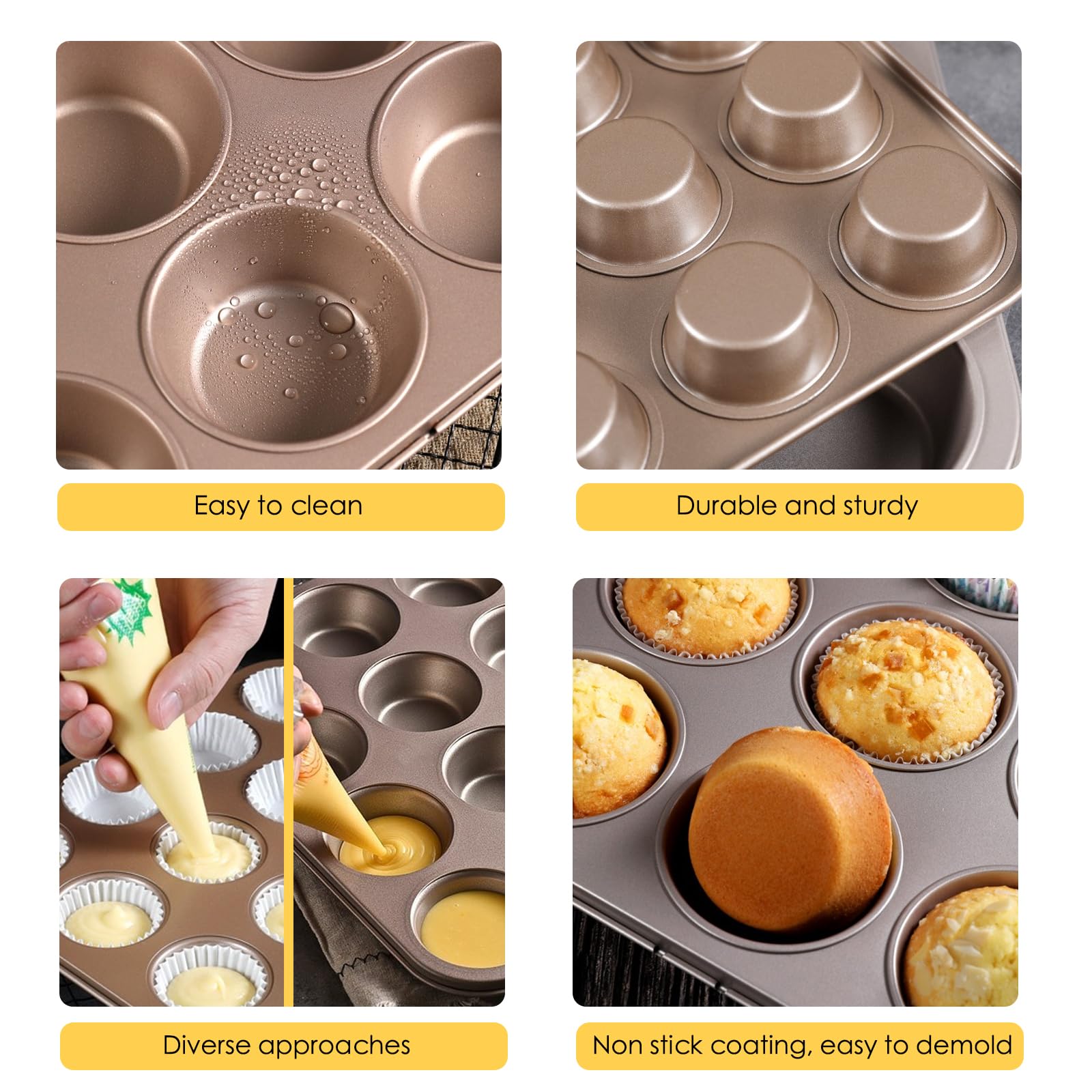 Molde para magdalenas para hornear, molde antiadherente para magdalenas, 12 tazas, paquete de 2 bandejas para tartas, moldes para tartas de queso de primera calidad, color dorado