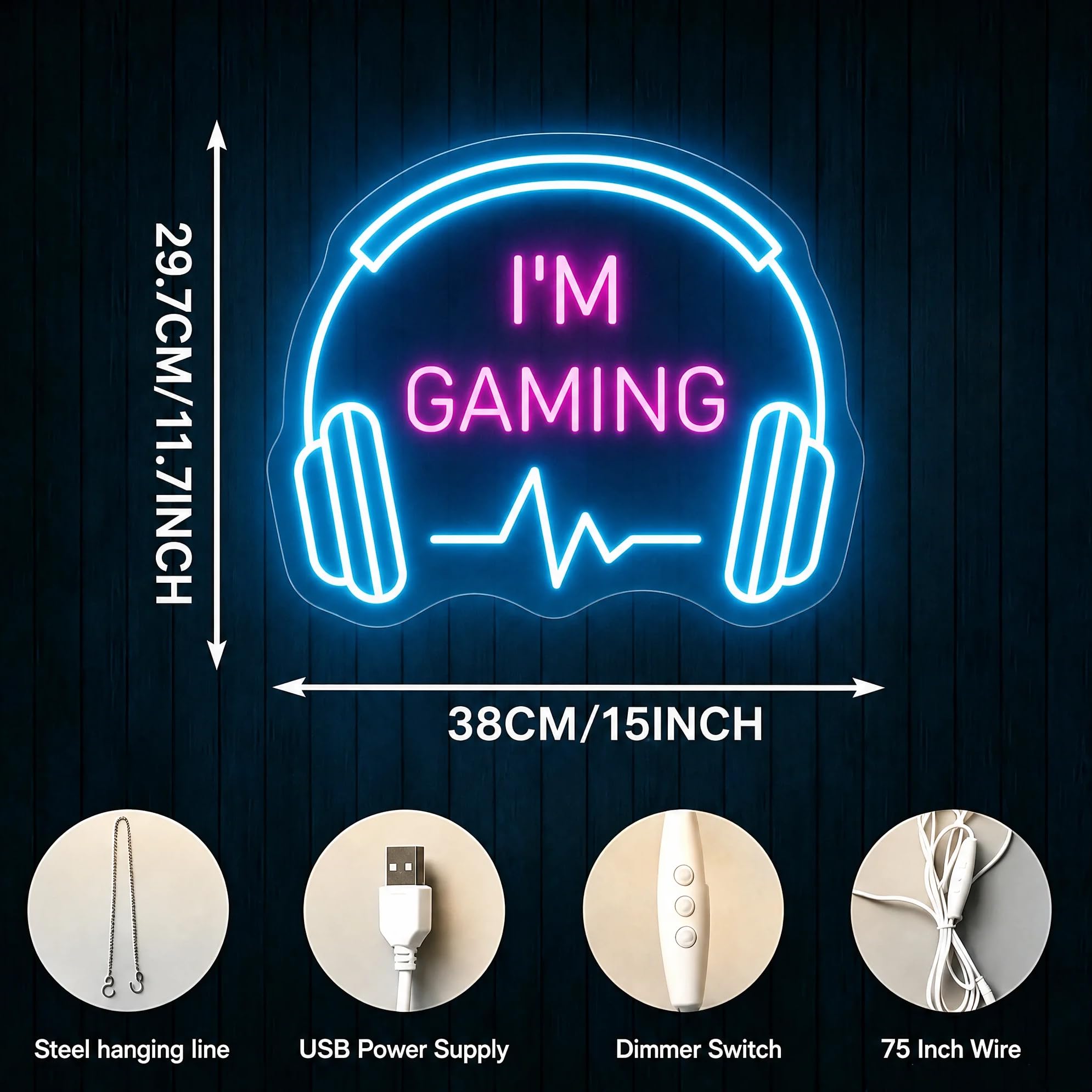 'I'm Gaming' neonowy znak ściemnialny LED słuchawki neonowe światło zasilany przez USB zestaw słuchawkowy kształt dekoracja ścienna pokój zabaw sypialnia męska jaskinia chłopcy nastolatek strefa gier