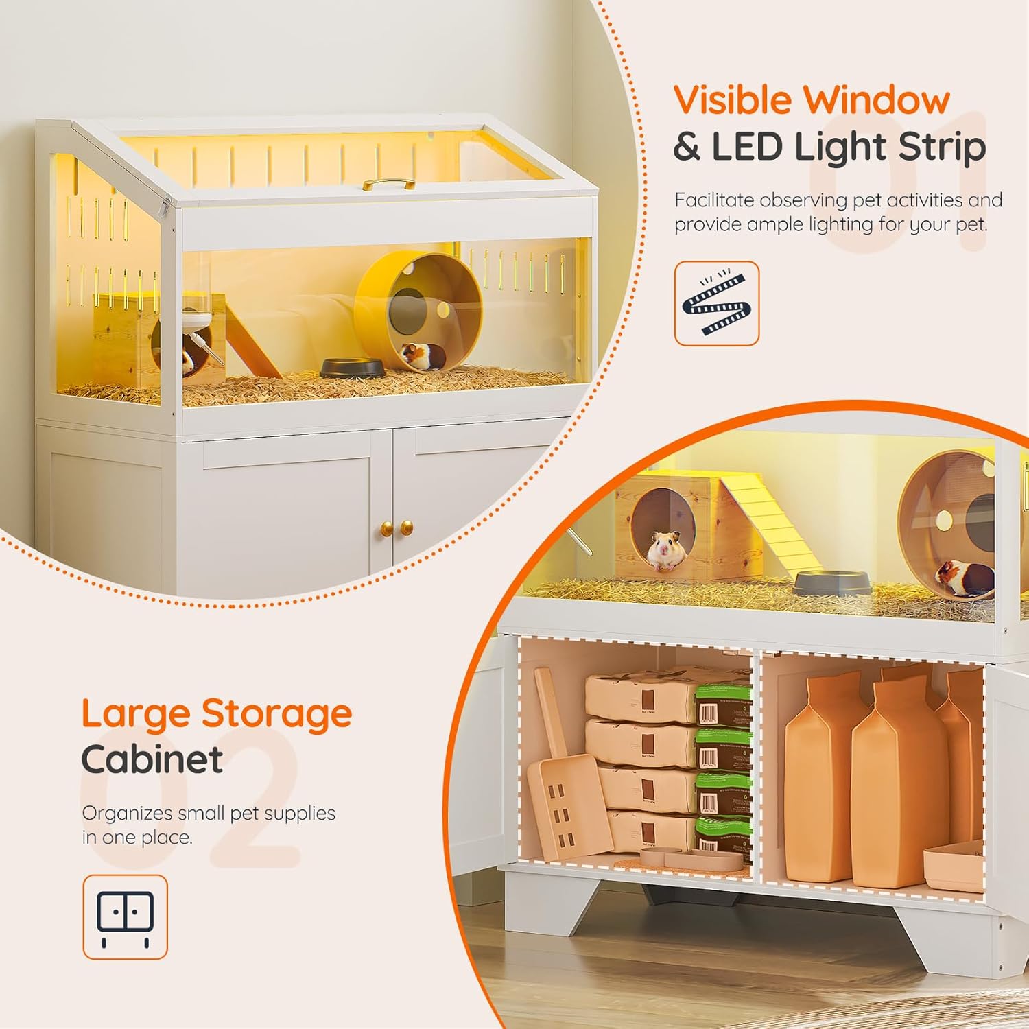 HOOBRO Large Hamster Cage, Acrylic Hedgehog Cage with Storage Cabinet and Led Light Strip, Big Hamster Enclosure with Flip-Top Lid, Easy to Clean, 39.4" x 18.9" x 42.5", White WT01AC03G1