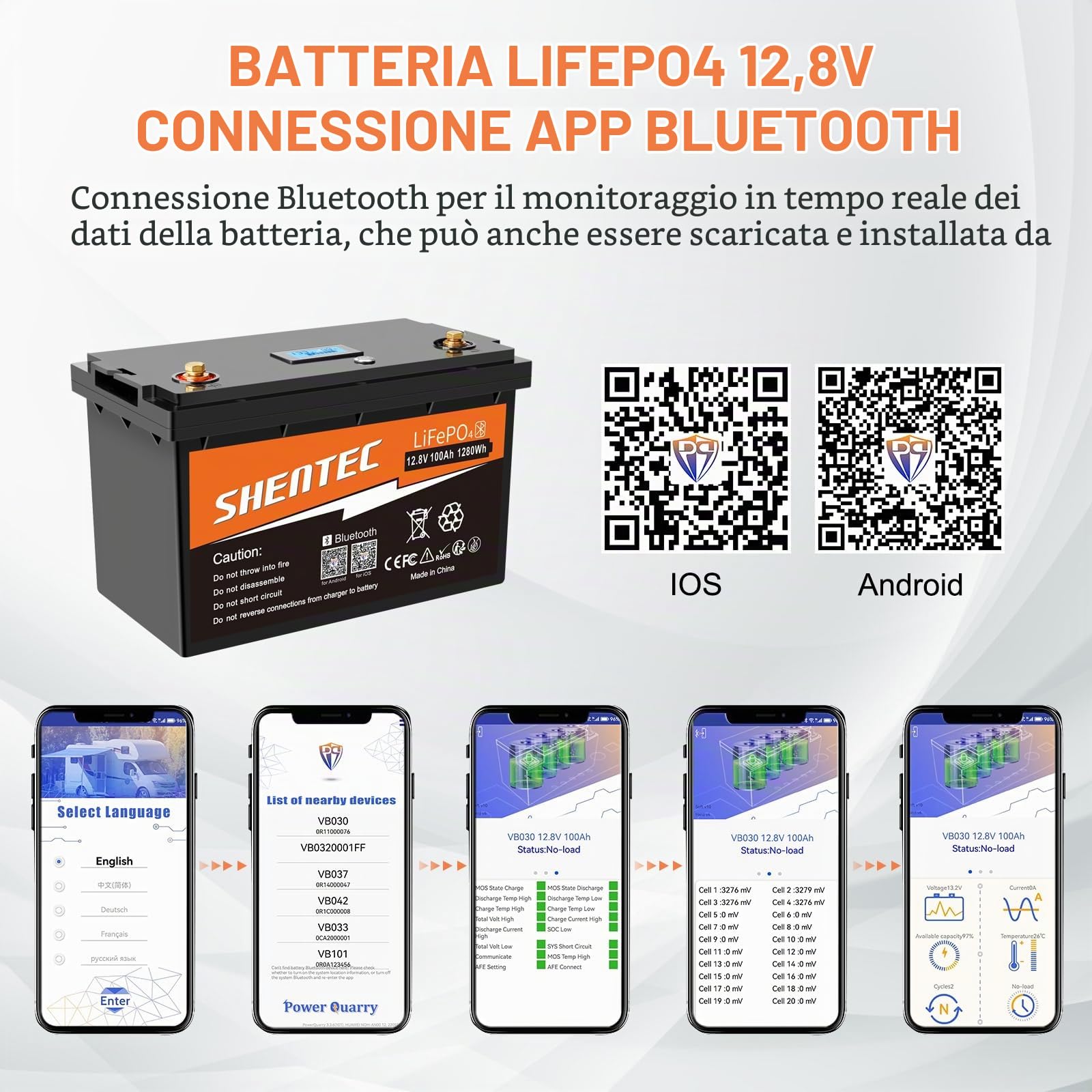 Shentec Batteria LiFePO4 al Litio 12V 100Ah 1280W,funzione BMS Bluetooth,batteria a ciclo profondo con potenza di uscita massima di,perfetta per il camper, l'impianto solare