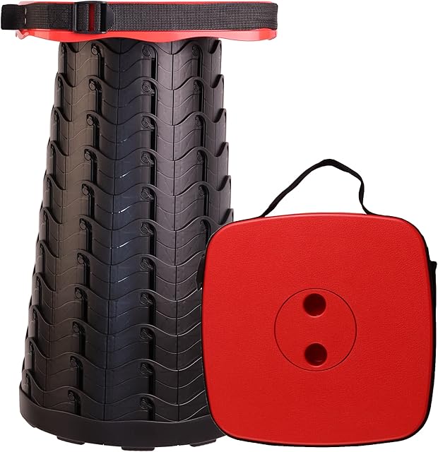 MKBK Telescopic Stool Adjustable Square Camping Stool, Collapsible Stool Outdoor Stool for Camping, Fishing, Hiking, Larger Stool Area Square Stool and Load Capacity 485 LB (Red)