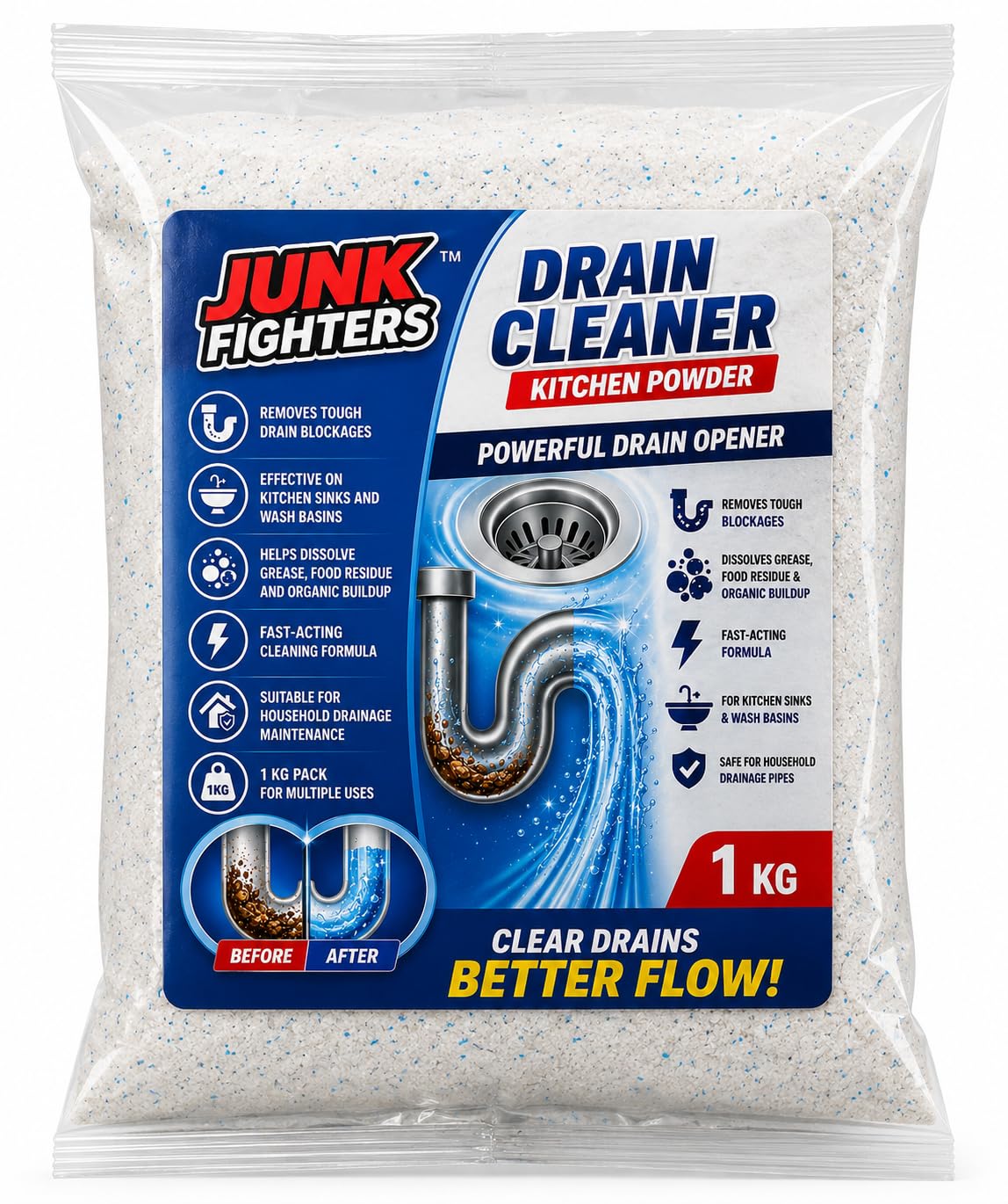 JUNK FIGHTERS DRAIN CLEANER 1KG | Removes Blockages in Pipes, Sinks & Septic Tanks| Works within 15 minutes | Melts Grease & Dissolves Hair | India's Fastest drain cleaner-image-1