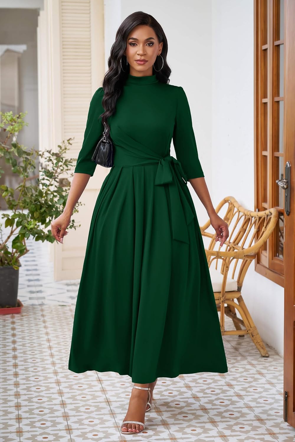 Nmoder Maxi Dress for Women Long Dress Casual Elegant 3/4 Sleeve Flowy Church Prom Round Neck Dresses with Belt - Image 4