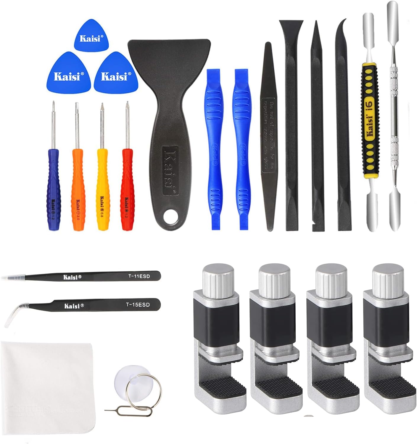 Kaisi Professional Electronics Opening Pry Tool Repair Kit +Phone Screen Repair Tools Adjustable Fastening Clamps Clip Nylon Spudger and Anti-Static Tweezers for Cellphone iPhone Laptops Tablets