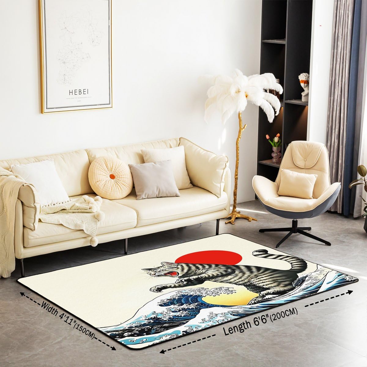 Homewish Tapis Salon 150x200cm Chat Japonais Drôle,Tapis Sol Japonais Ukiyo-E Chat,Tapis Chambre Animaux Kawaii,Décoration D'Intérieur Filles Garçons Adultes Coucher de Soleil Océan Vagues de Mer