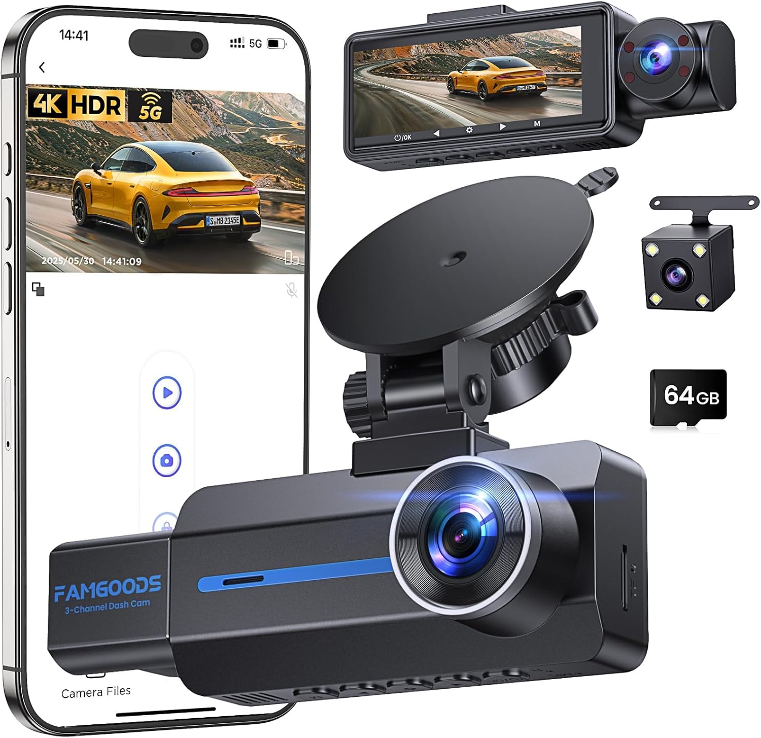 Famgoods Dashcam Frontal 4K, Retro, Interior, Pantalla IPS de 3.16", Tarjeta Gratuita de 64GB, Dash CAM Camara Coche WiFi de 5GHz, App, Dashcam Super Visión Nocturna, Sensor G, Grabación en Bucle