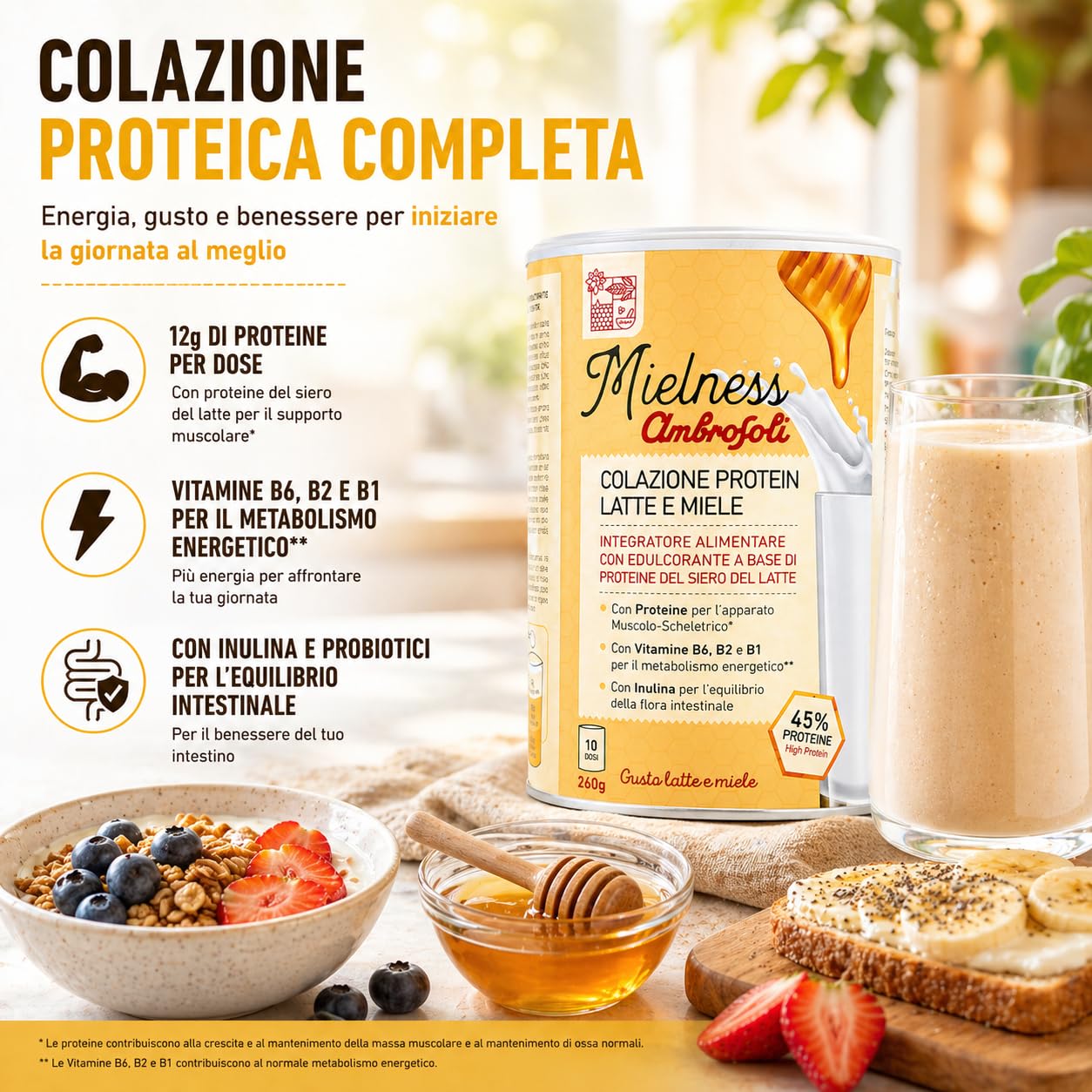 Ambrosoli Colazione Protein Latte e Miele, 260g, mix Proteico per Colazione e Shake (Confezione da 2)