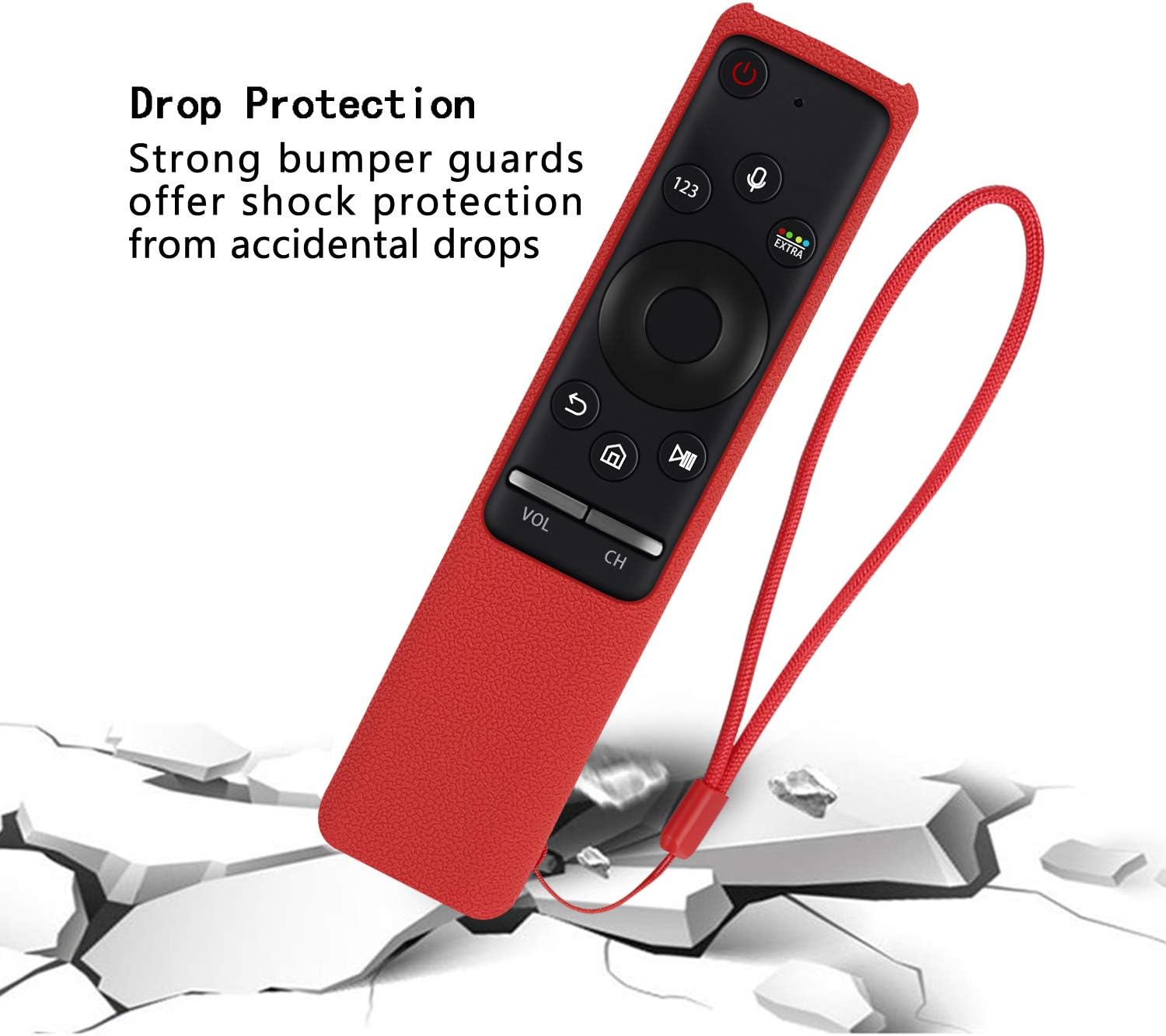 Image demonstrating drop protection, with the remote case on a remote falling onto a cracked surface.