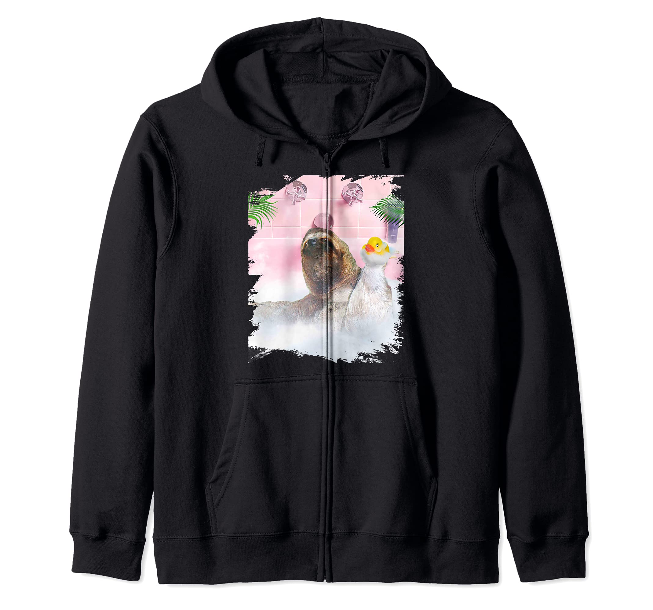 Cute Self-Care Bathing Sloth Palm Bath Zip Hoodie, Black