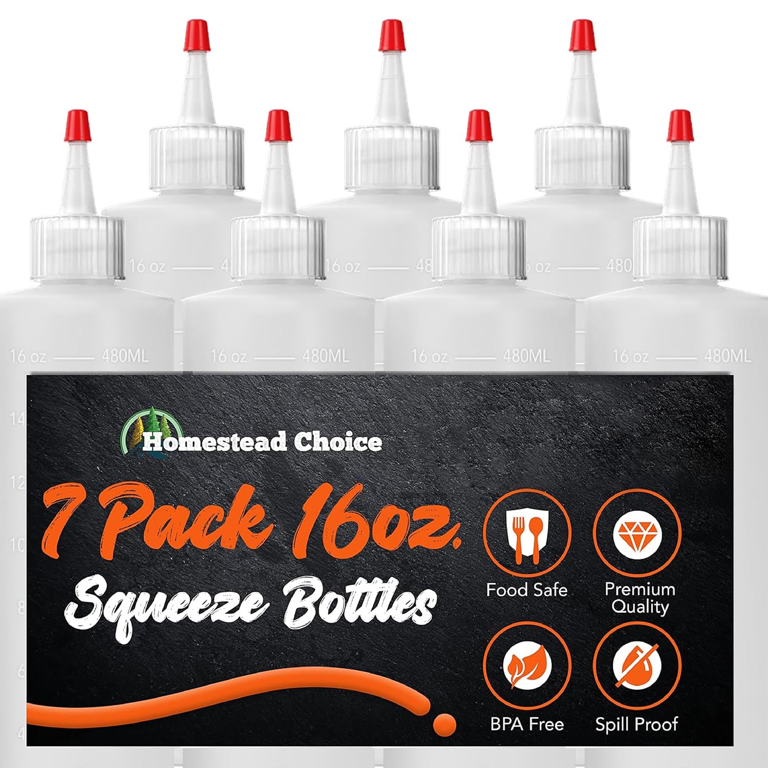 7-pack Plastic Squeeze Bottles for Sauces - 16oz Condiment Squeeze Bottles for Liquids - BPA Free Squirt Bottle with Cap - Ketchup, Syrup, Oil, Dressings, Honey & Arts and Crafts
