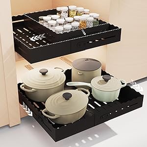 Expandable Pull Out Cabinet Organizer - Adjustable Width 12-18" & Depth 13-23", 3-Rail Heavy Duty Slide Out Drawer, No-Drills Adhesive Mount, Fits Lip & Lip-Free Cabinets(Black)