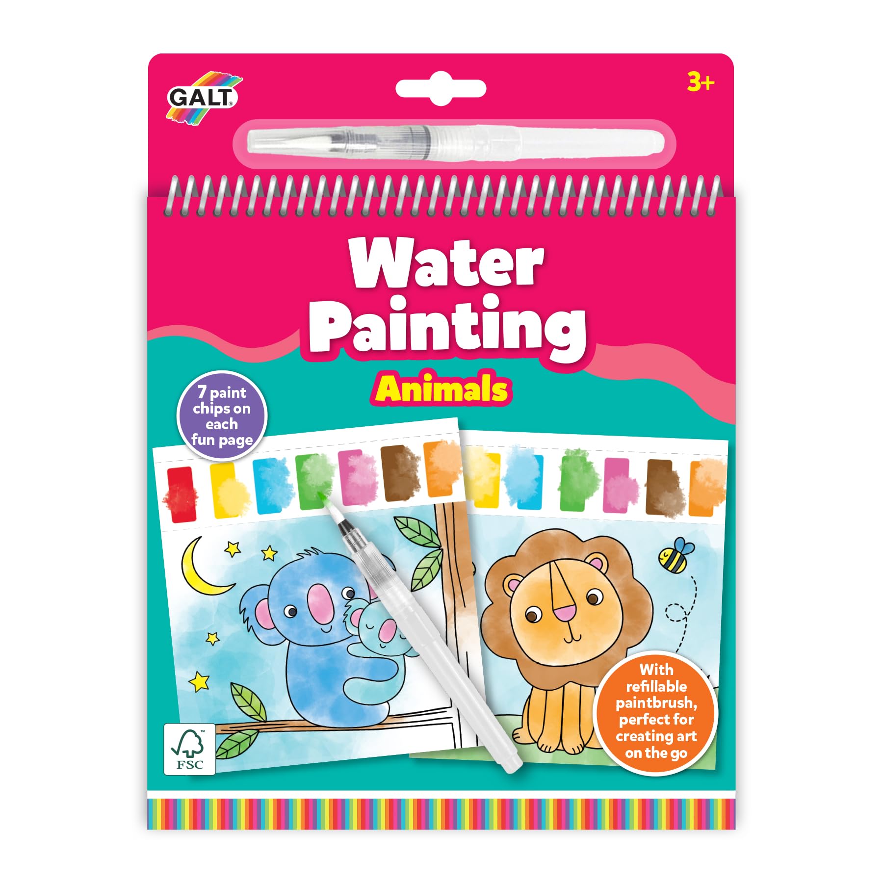 Galt Water Painting Book - Animals Themed Children's Painting Books - Kids Travel Art Book with 7 Paint Chips & Refillable Paint Brush - Christmas & Birthday Gift for Boys & Girls Age 3 Years +