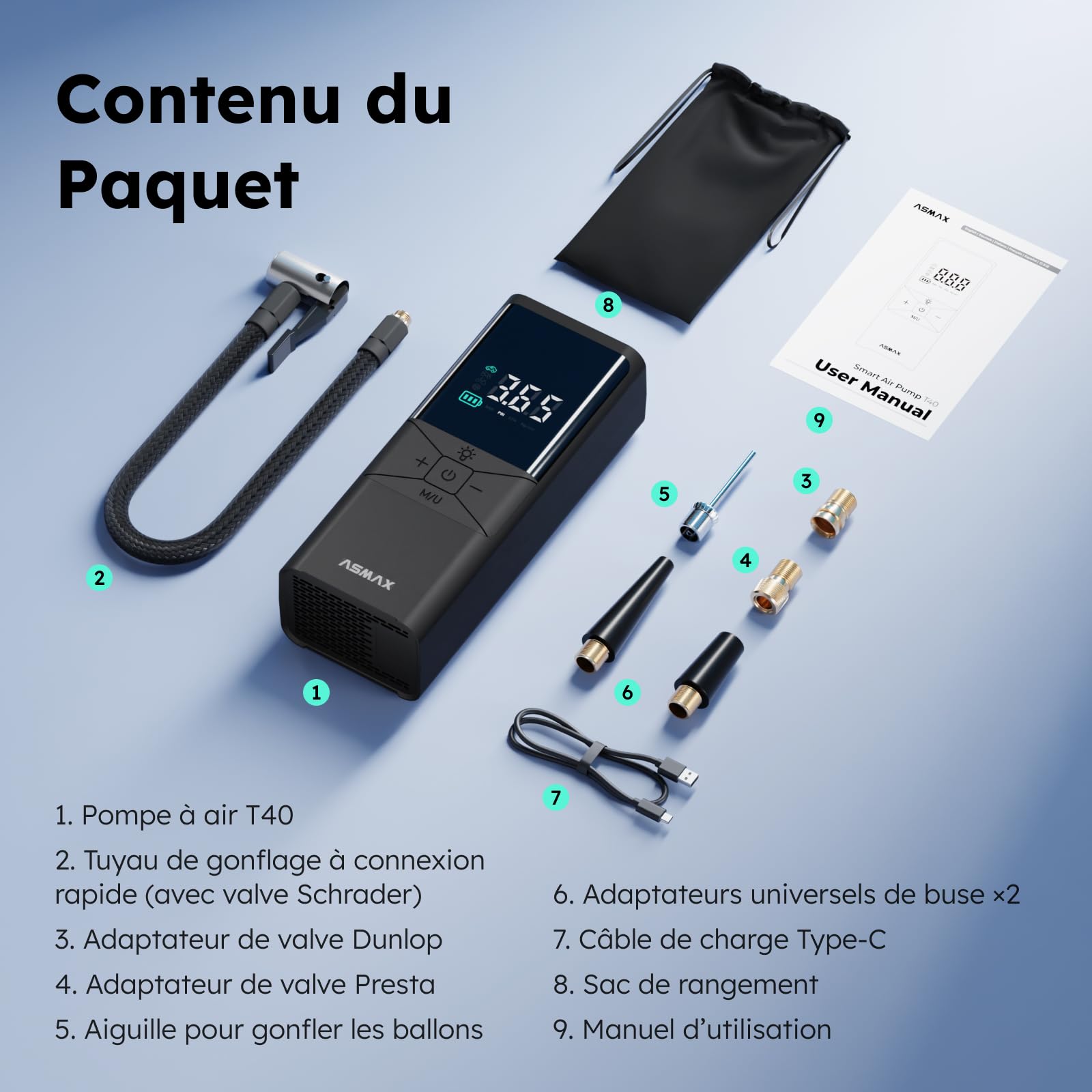 ASMAX T40 Compresseur d'air portable, 150 PSI Gonfleur de pneus | Avec écran numérique flottant, arrêt automatique intelligent, lumière LED, pompe à air pour voiture, moto, vélo et ballons